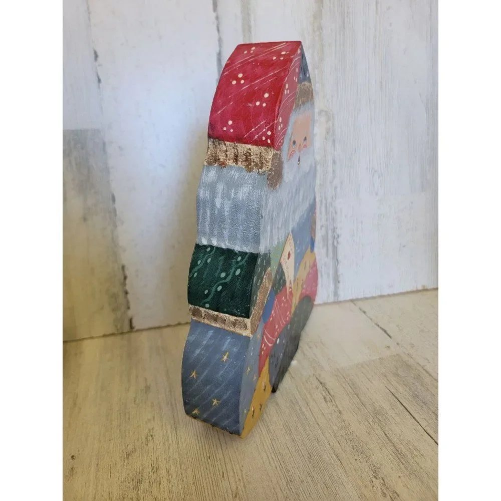 Unique vintage Santa‎ claus Merry Christmas wooden figure floral